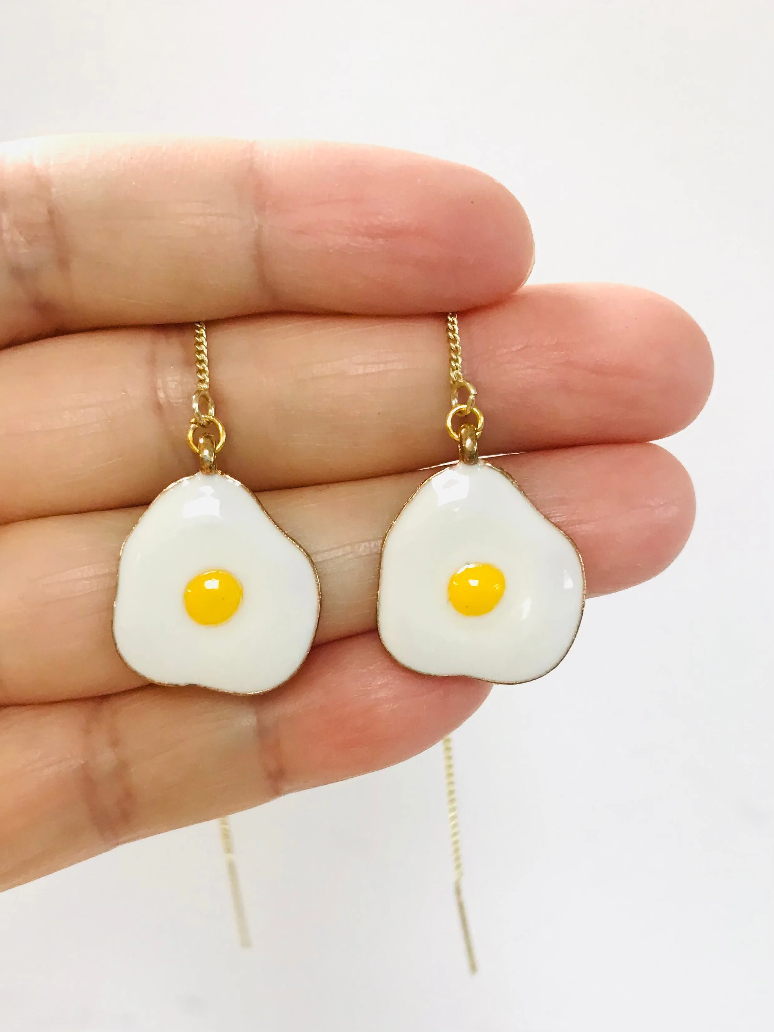 White Fried Egg Gold Threader Earrings