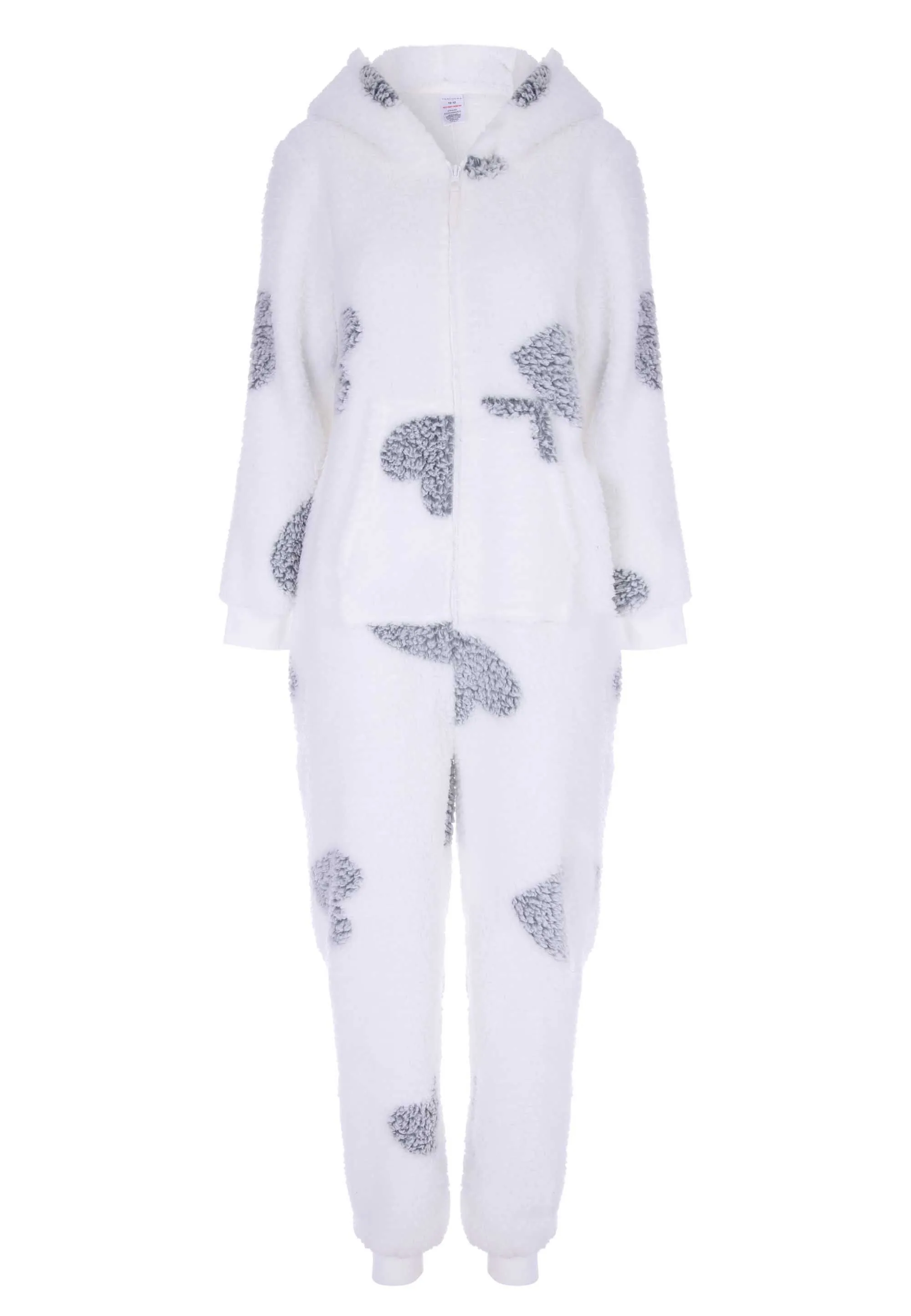 Womens Cream Heart Print Sherpa Hooded Onesie