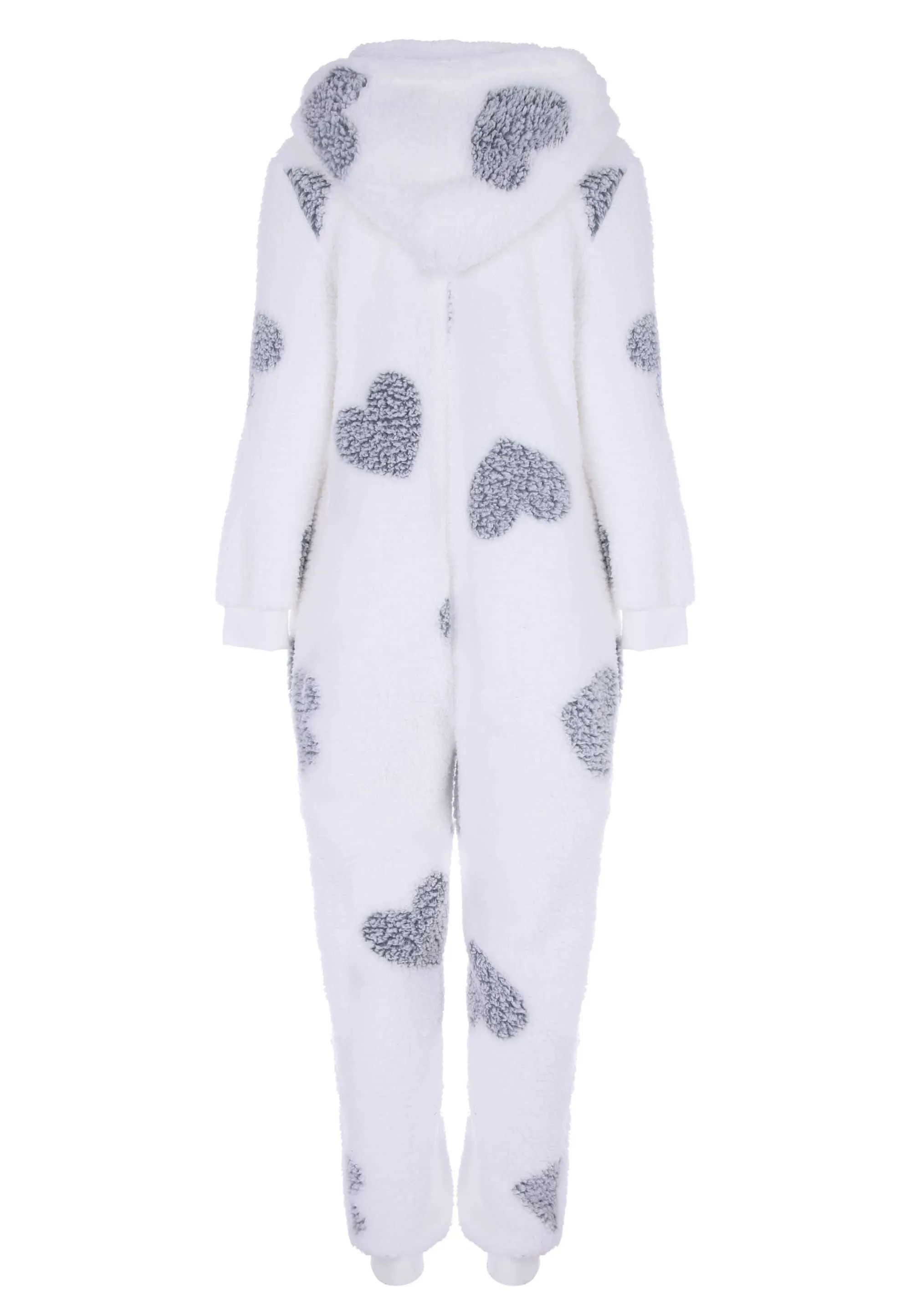 Womens Cream Heart Print Sherpa Hooded Onesie