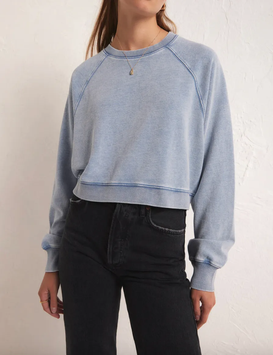 Z SUPPLY CROP OUT KNIT DENIM SWEATSHIRT