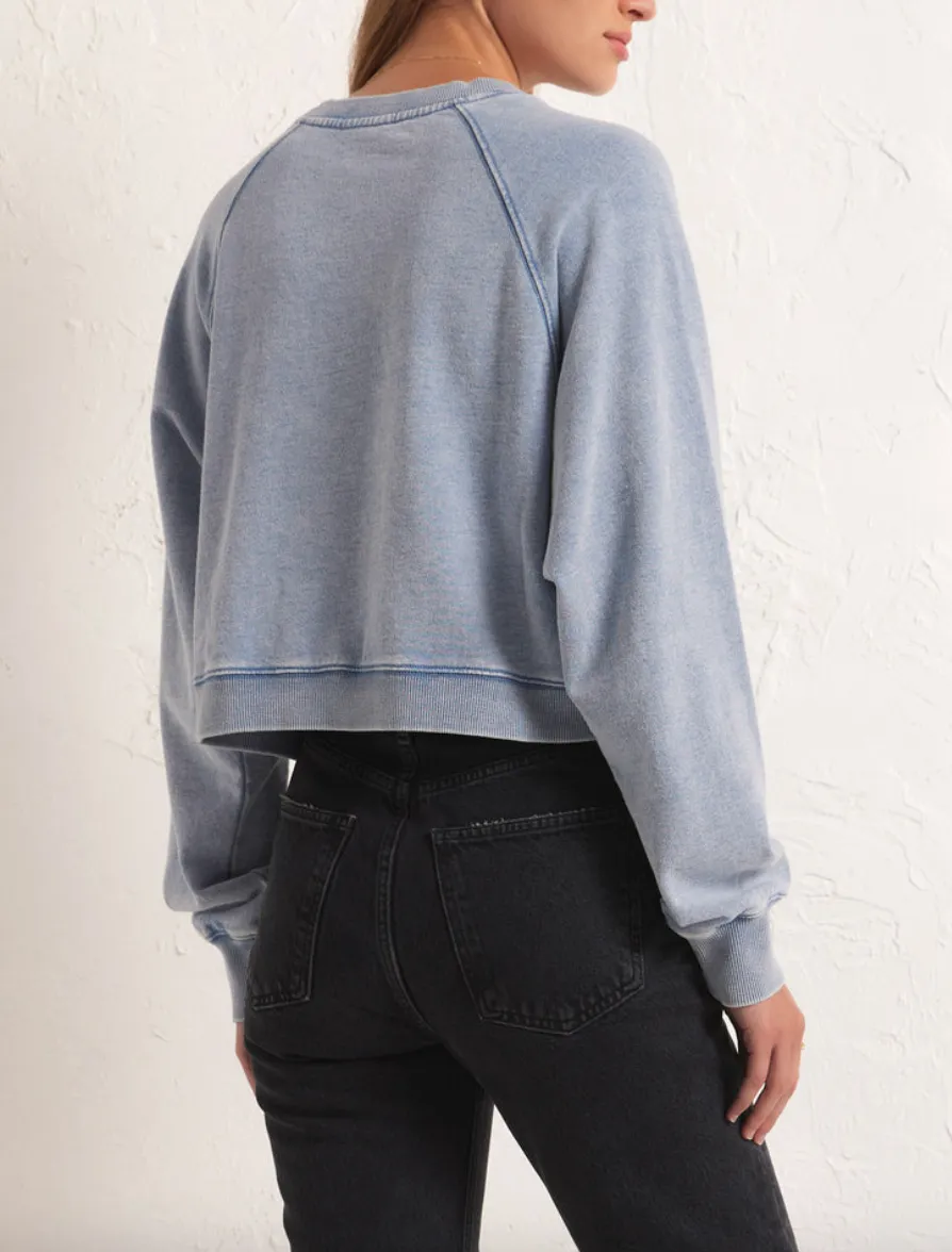 Z SUPPLY CROP OUT KNIT DENIM SWEATSHIRT